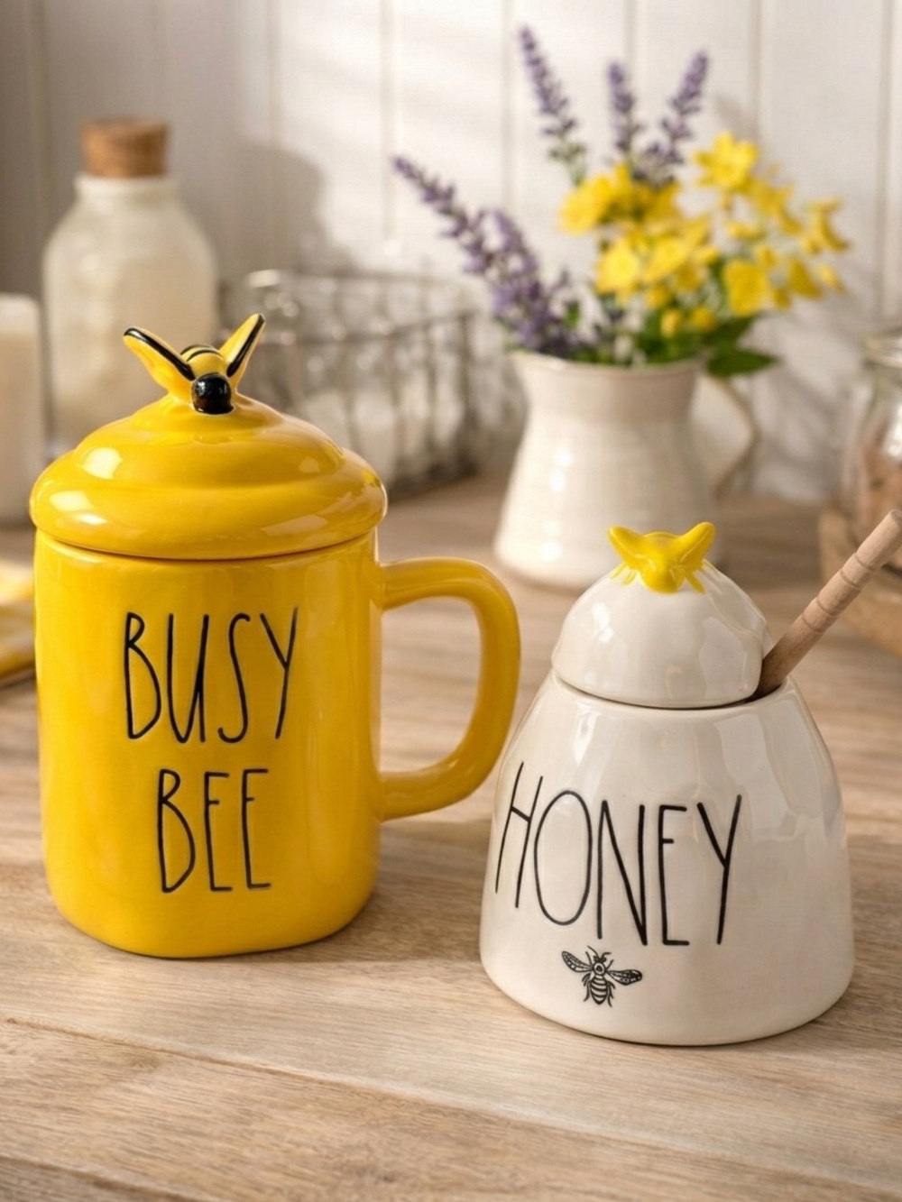 Rae Dunn Busy Bee Yellow Mug Honey Jar Dipper 2pc Farmhouse Cottage Whimsical